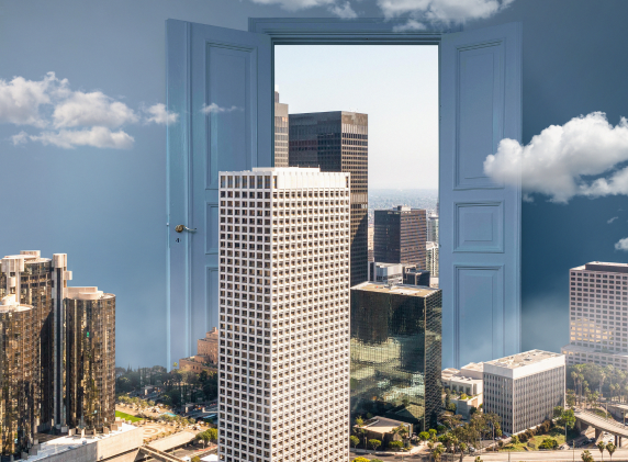 A surreal cityscape with tall buildings viewed through an open door floating in the sky, surrounded by clouds