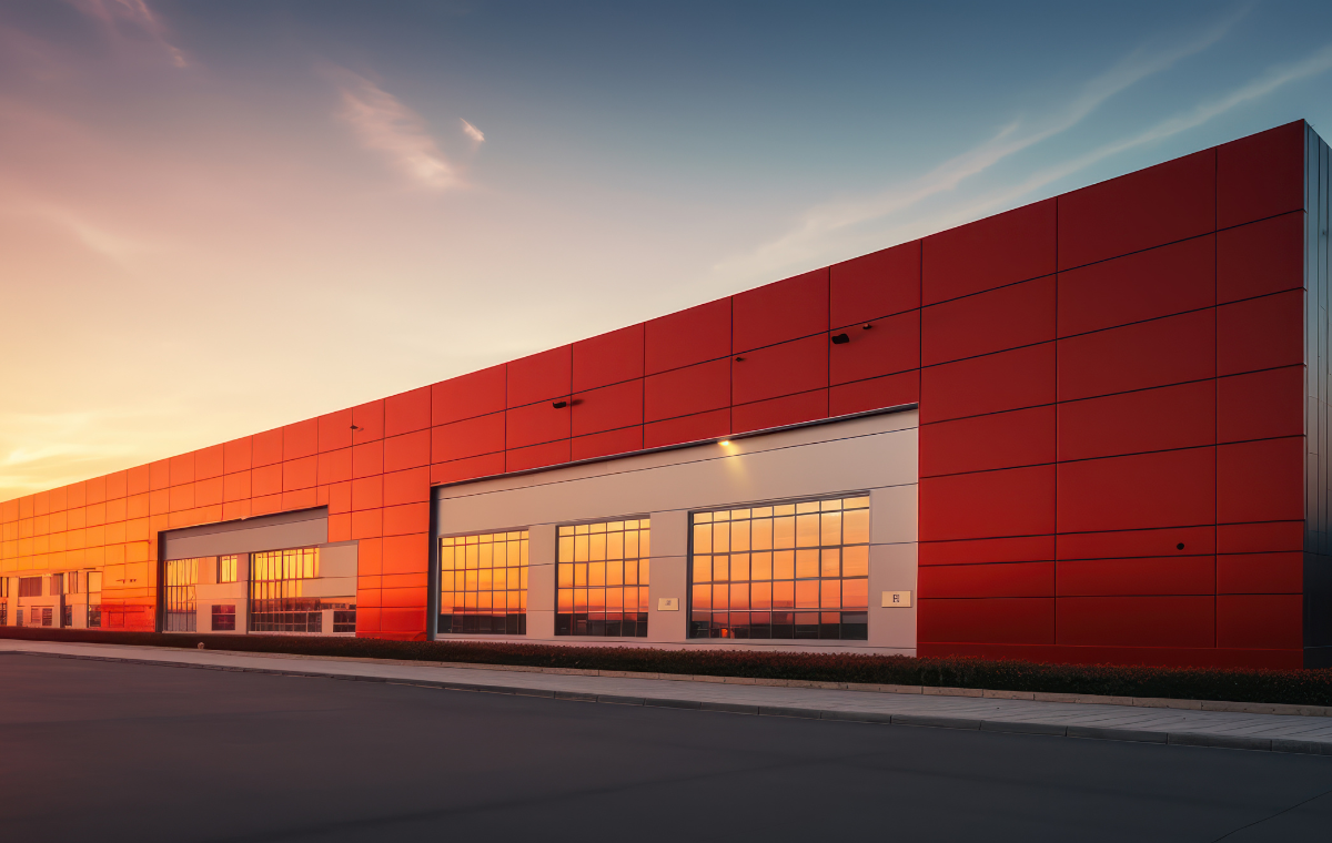 - A modern industrial warehouse with a sleek red exterior and large windows reflecting the sunset. - Caption: Modern industrial warehouse setup with a striking red facade and expansive windows. - Description: This image showcases a contemporary industrial warehouse featuring a bold red exterior and large reflective windows that capture the warm tones of the setting sun. The clean architectural lines and spacious layout emphasize functionality, scalability, and visual appeal—hallmarks of ARS Edifices’ approach to industrial plant setup. The surrounding paved road and manicured greenery further enhance the professional and organized ambiance, reflecting the brand’s commitment to excellence in infrastructure development. Would you like me to help write a matching service description or tagline for this section to strengthen the messaging?