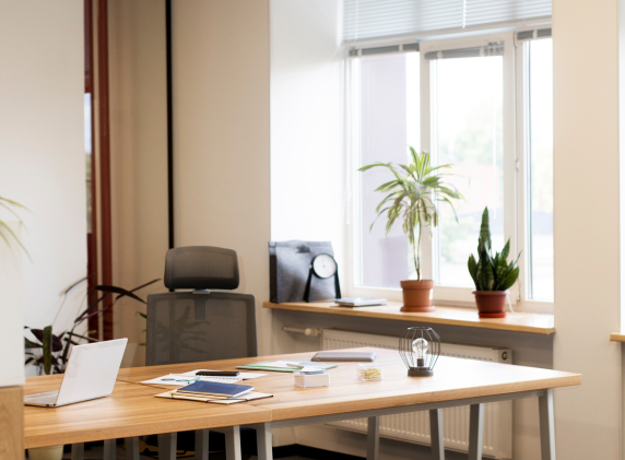 A modern office space with a wooden desk, laptop, office supplies, and potted plants near a window.
