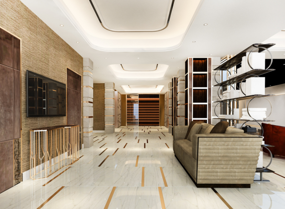 A luxurious, modern interior space featuring a spacious lobby with marble flooring, contemporary furniture, and stylish lighting fixtures