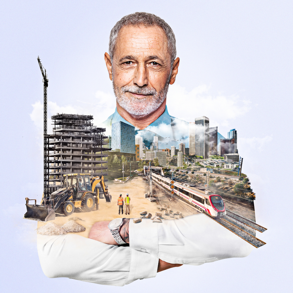 A collage depicting various elements of urban development, including construction sites, heavy machinery, skyscrapers, and a train, symbolizing the diverse aspects of infrastructure and city planning